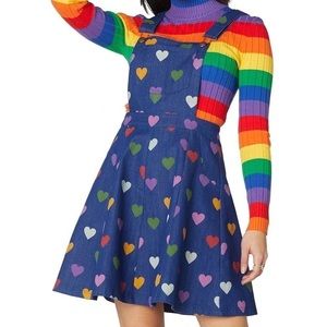 Dangerfield Skipped a Beat Pinafore Dress Rainbow Hearts Denim Size UK 18 USA 14